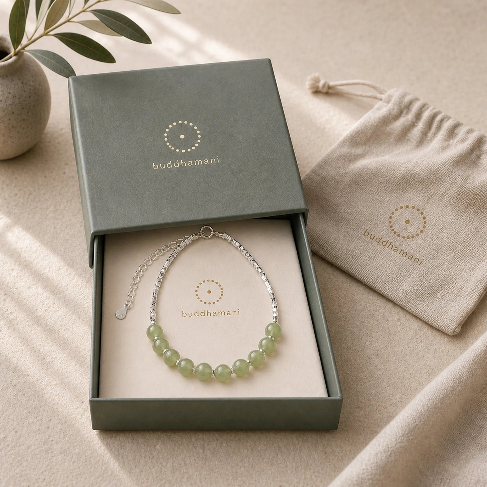 925 Sterling Silver Hetian Jade Bead Luck Chain Bracelet featuring Silver, Jade