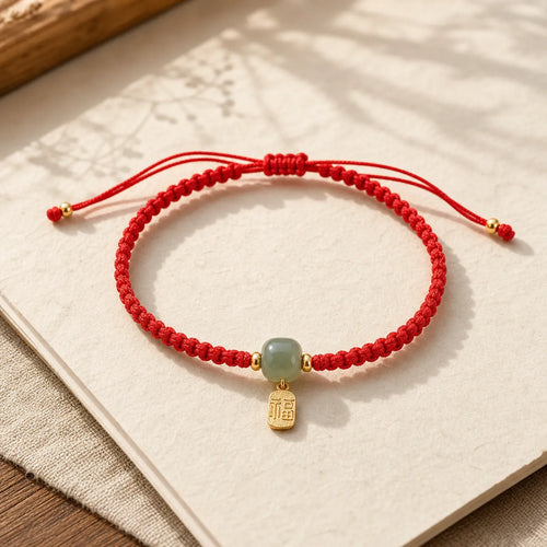 925 Sterling Silver Hetian Jade Blessing Wealth Red String Bracelet featuring Silver, Jade, Red String