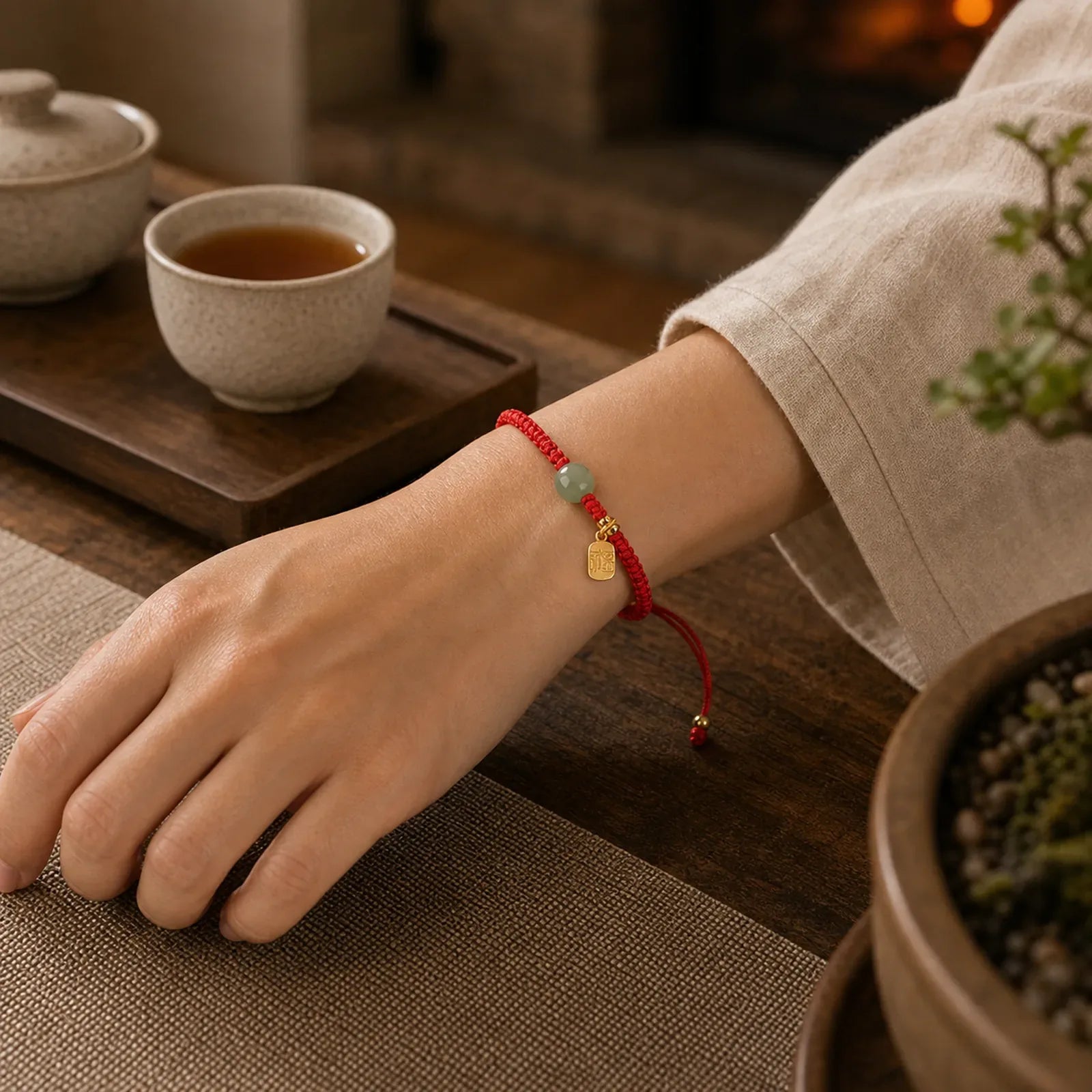 925 Sterling Silver Hetian Jade Blessing Wealth Red String Bracelet featuring Silver, Jade, Red String