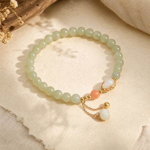 925 Sterling Silver Hetian Jade Gourd Lotus Abundance Luck Bracelet featuring Silver, Jade, Lotus