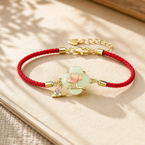 925 Sterling Silver Hetian Jade Magnolia Flower Butterfly Luck Chain Bracelet featuring Silver, Jade, Butterfly