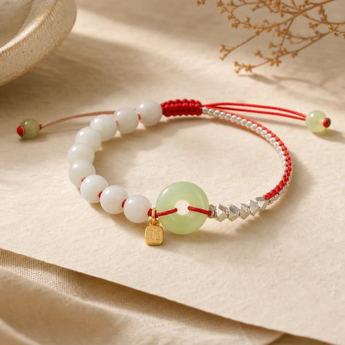 925 Sterling Silver Hetian Jade Peace Buckle Beaded Luck Happiness Charm Bracelet featuring Silver, Jade, Peace Buckle