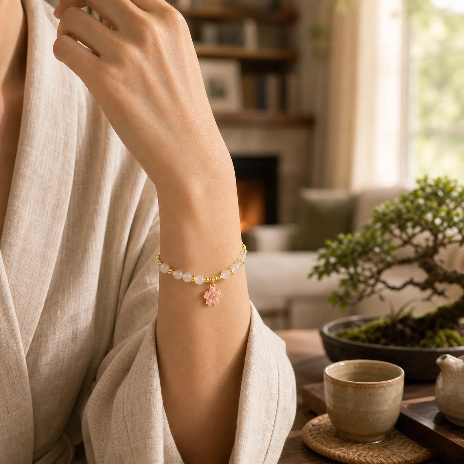 925 Sterling Silver Hetian White Jade Cherry Blossom Protection Bracelet featuring Silver, White Jade, Jade