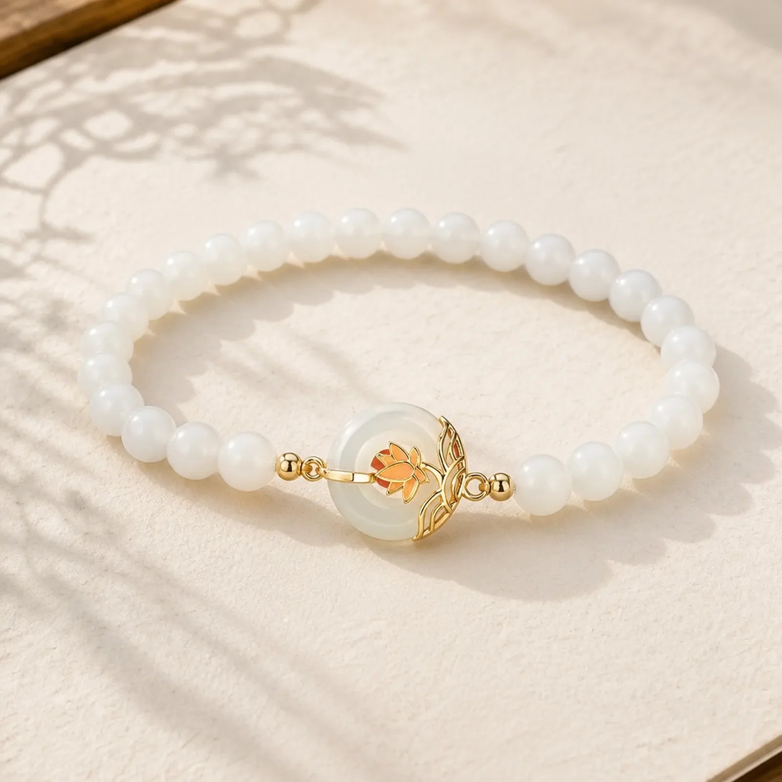 925 Sterling Silver Hetian White Jade Lotus Symbol Peace Buckle Harmony Beaded Bracelet featuring Silver, White Jade, Jade