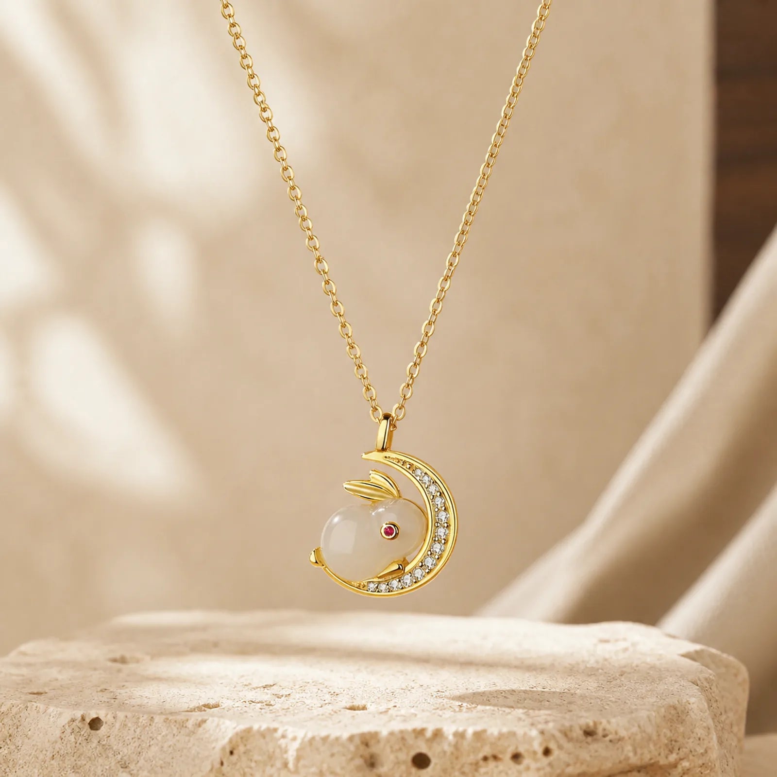 925 Sterling Silver Hetian White Jade Rabbit Crescent Moon Luck Necklace Pendant featuring Silver, White Jade, Jade