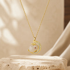 925 Sterling Silver Hetian White Jade Rabbit Crescent Moon Luck Necklace Pendant featuring Silver, White Jade, Jade