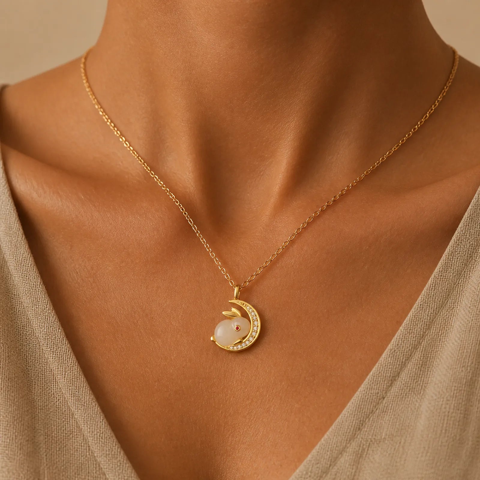 925 Sterling Silver Hetian White Jade Rabbit Crescent Moon Luck Necklace Pendant featuring Silver, White Jade, Jade