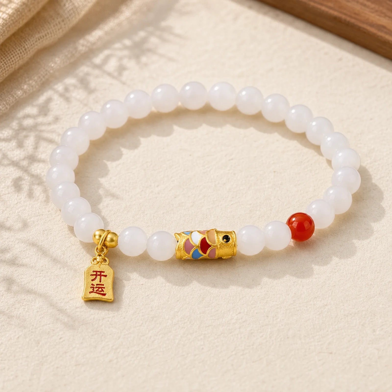 925 Sterling Silver Hetian White Jade Red Agate Koi Fish Luck Happiness Bracelet featuring Silver, White Jade, Jade