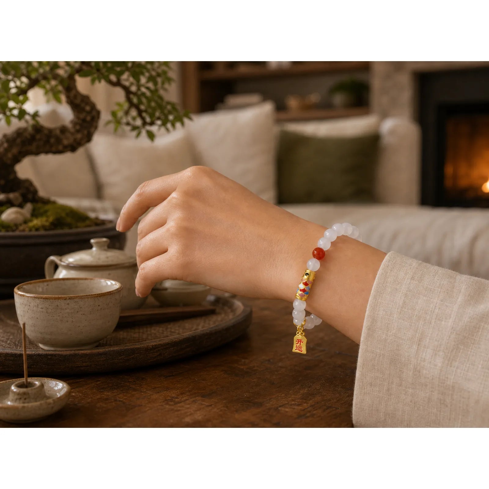 925 Sterling Silver Hetian White Jade Red Agate Koi Fish Luck Happiness Bracelet featuring Silver, White Jade, Jade