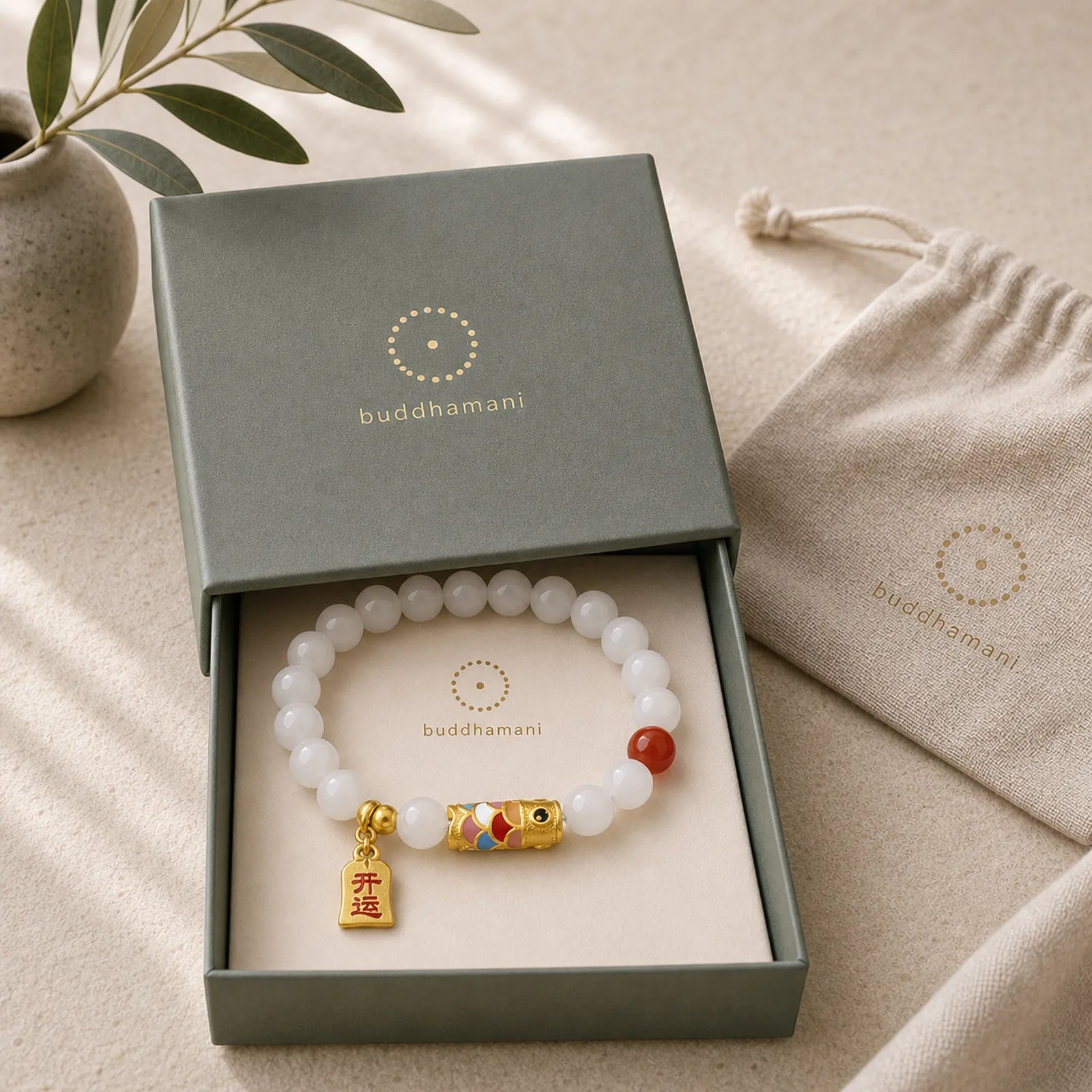 925 Sterling Silver Hetian White Jade Red Agate Koi Fish Luck Happiness Bracelet featuring Silver, White Jade, Jade