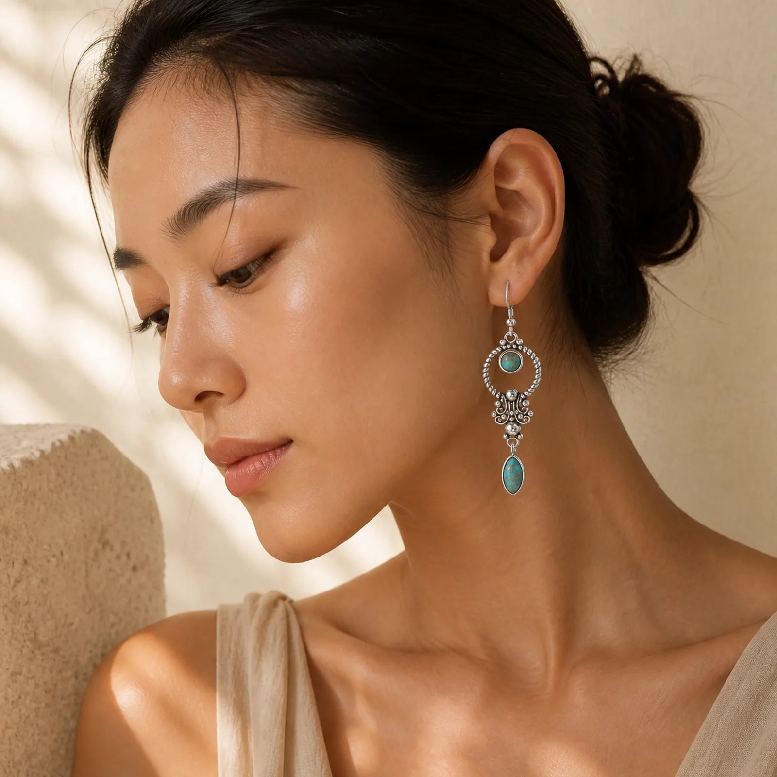 925 Sterling Silver Hook Vintage Copper Plated Silver Turquoise Waterdrop Pattern Balance Drop Dangle Earrings featuring Silver, Copper, Turquoise