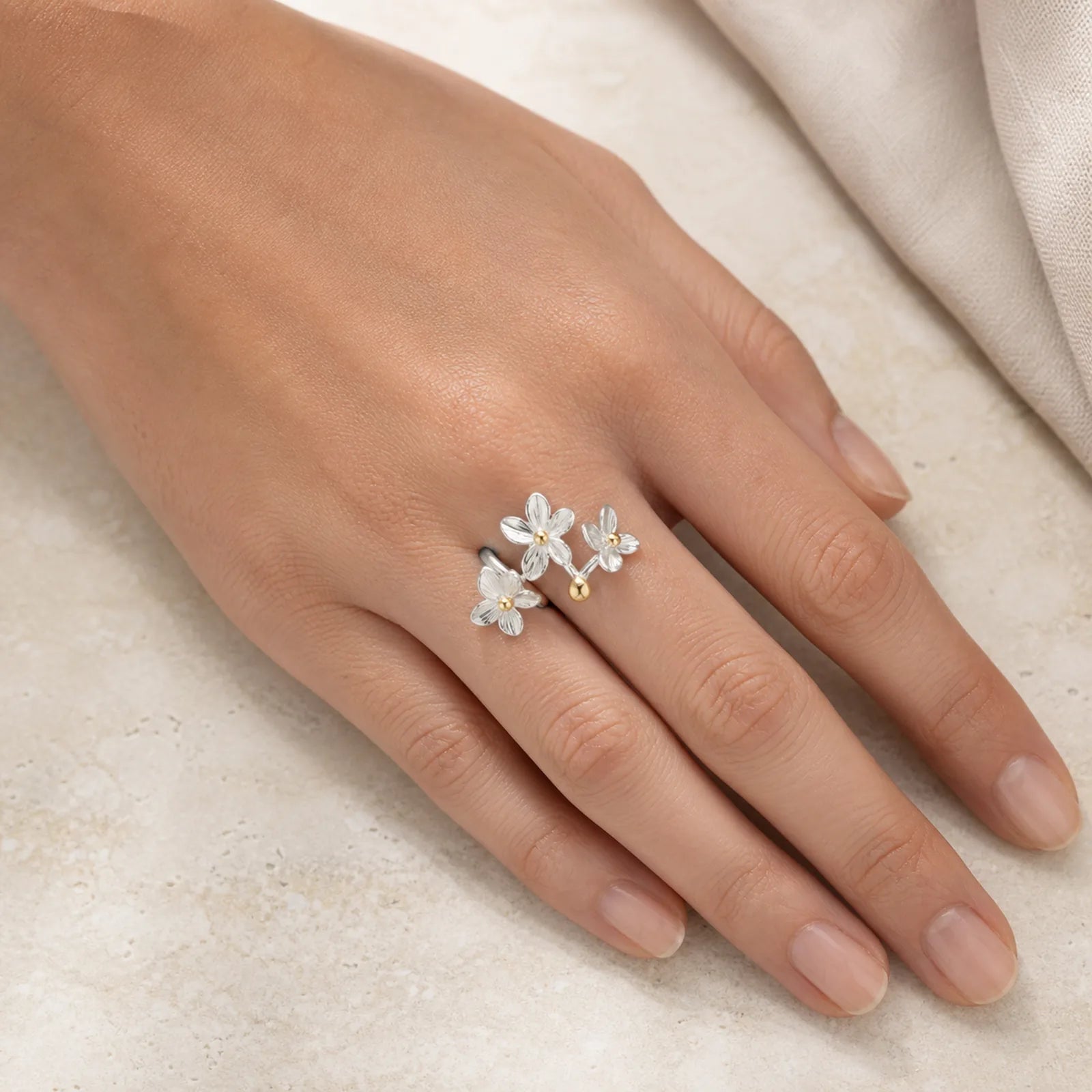 925 Sterling Silver Iris Flower Design Protection Adjustable Ring featuring Silver