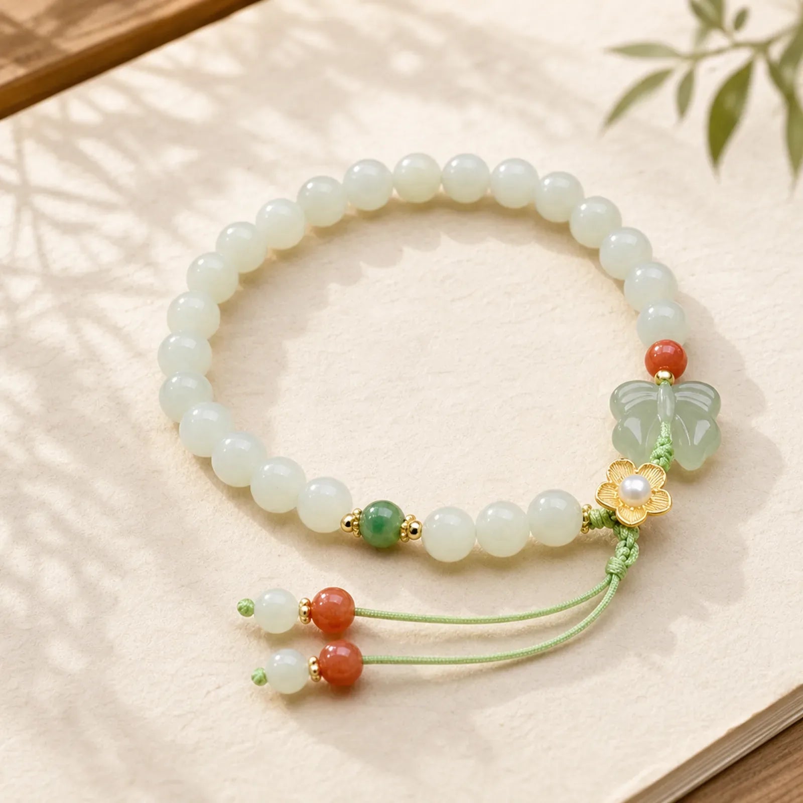 925 Sterling Silver Jade Luck Flower Butterfly Bracelet featuring Silver, Jade, Butterfly