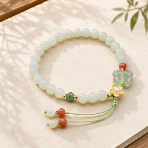 925 Sterling Silver Jade Luck Flower Butterfly Bracelet featuring Silver, Jade, Butterfly