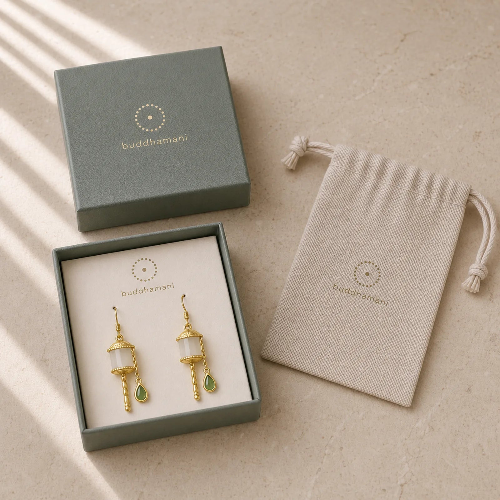 925 Sterling Silver Jade Prayer Wheel Luck Drop Earrings featuring Silver, Jade