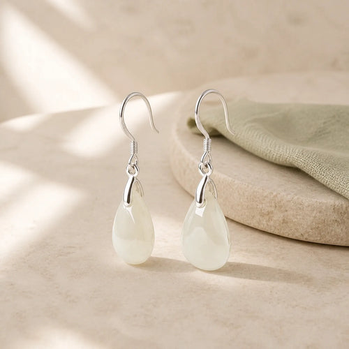 925 Sterling Silver Jade Water Drop Pattern Luck Prosperity Dangle Earrings featuring Silver, Jade