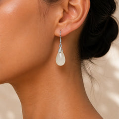 925 Sterling Silver Jade Water Drop Pattern Luck Prosperity Dangle Earrings featuring Silver, Jade