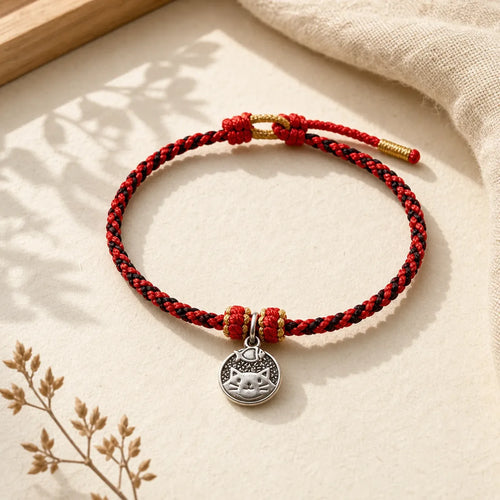 925 Sterling Silver Kitten Eating Fish Round Pendant Prosperity Red Black String Braided Bracelet featuring Silver, Red String