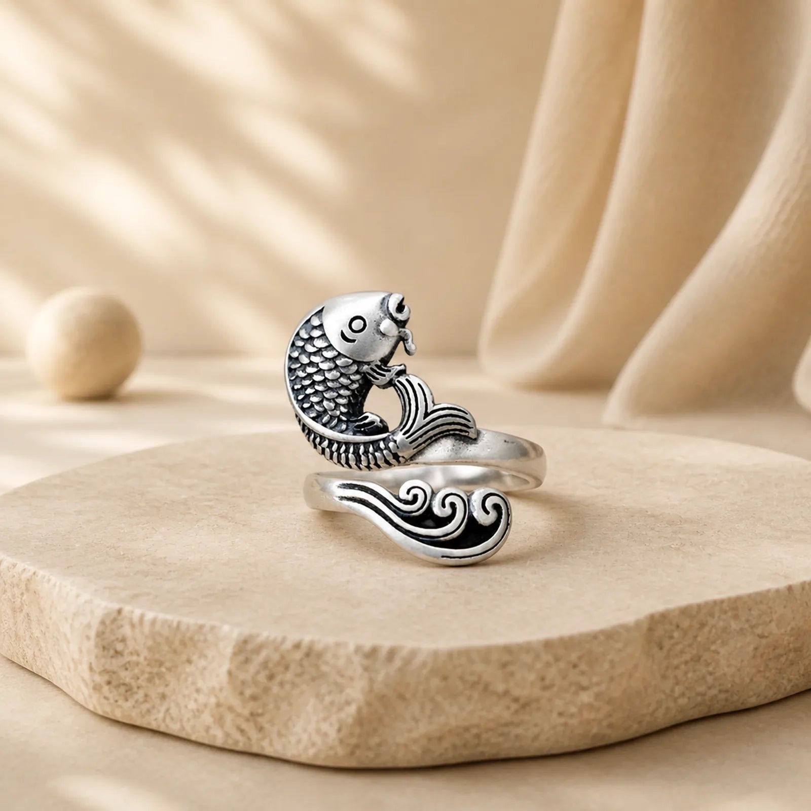 925 Sterling Silver Koi Fish Water Ripple Luck Wealth Ring featuring Silver, Koi Fish, Yin Yang Symbol