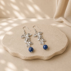 925 Sterling Silver Lazurite Ethnic Style Flower Positive Drop Earrings featuring Silver, Lapis Lazuli (Lazurite)