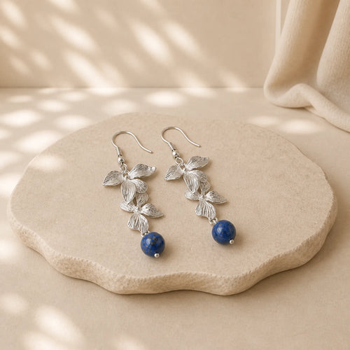 925 Sterling Silver Lazurite Ethnic Style Flower Positive Drop Earrings featuring Silver, Lapis Lazuli (Lazurite)