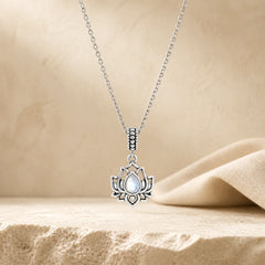 925 Sterling Silver Lotus Design Moonstone Healing Necklace Pendant featuring Silver, Lotus, Moonstone