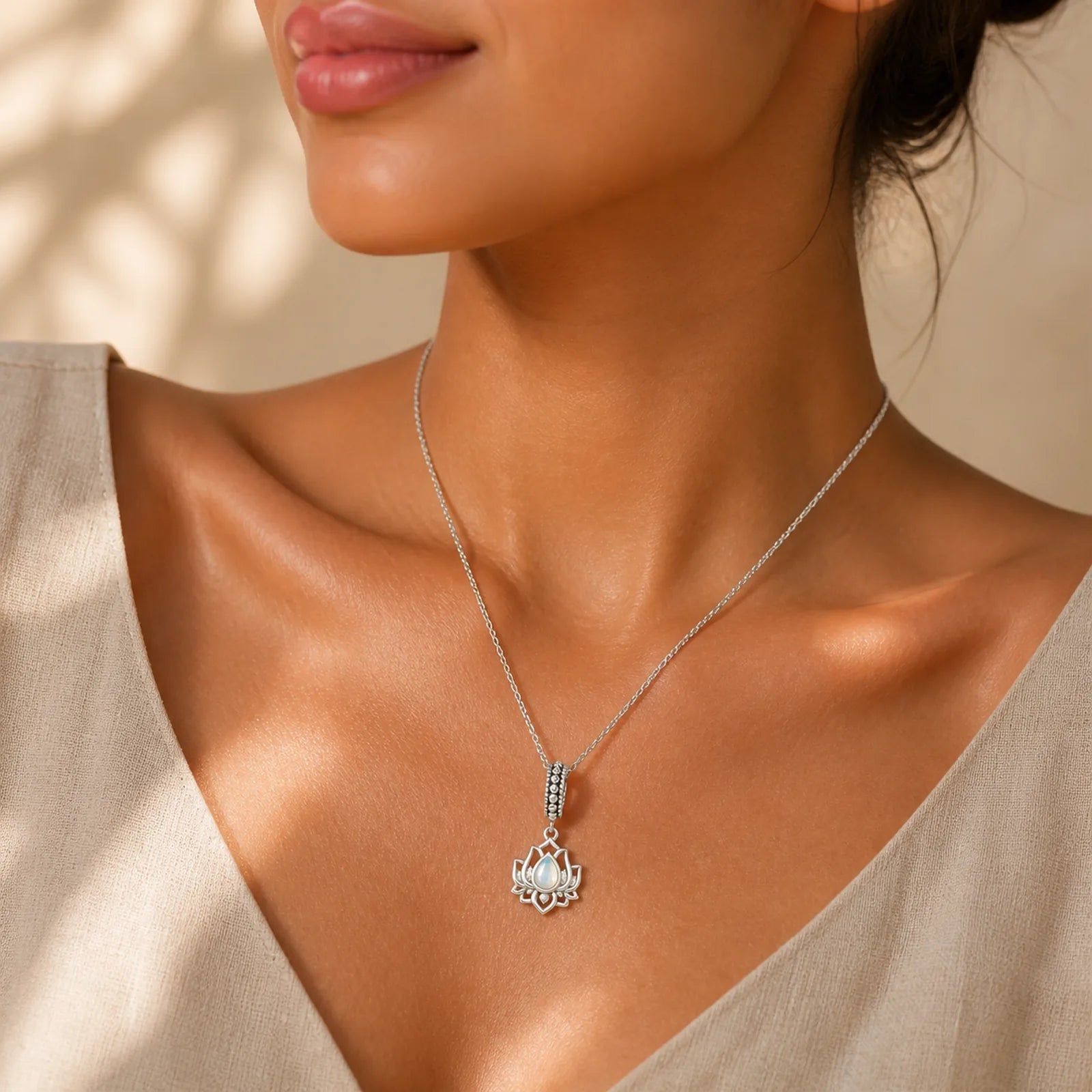 925 Sterling Silver Lotus Design Moonstone Healing Necklace Pendant featuring Silver, Lotus, Moonstone