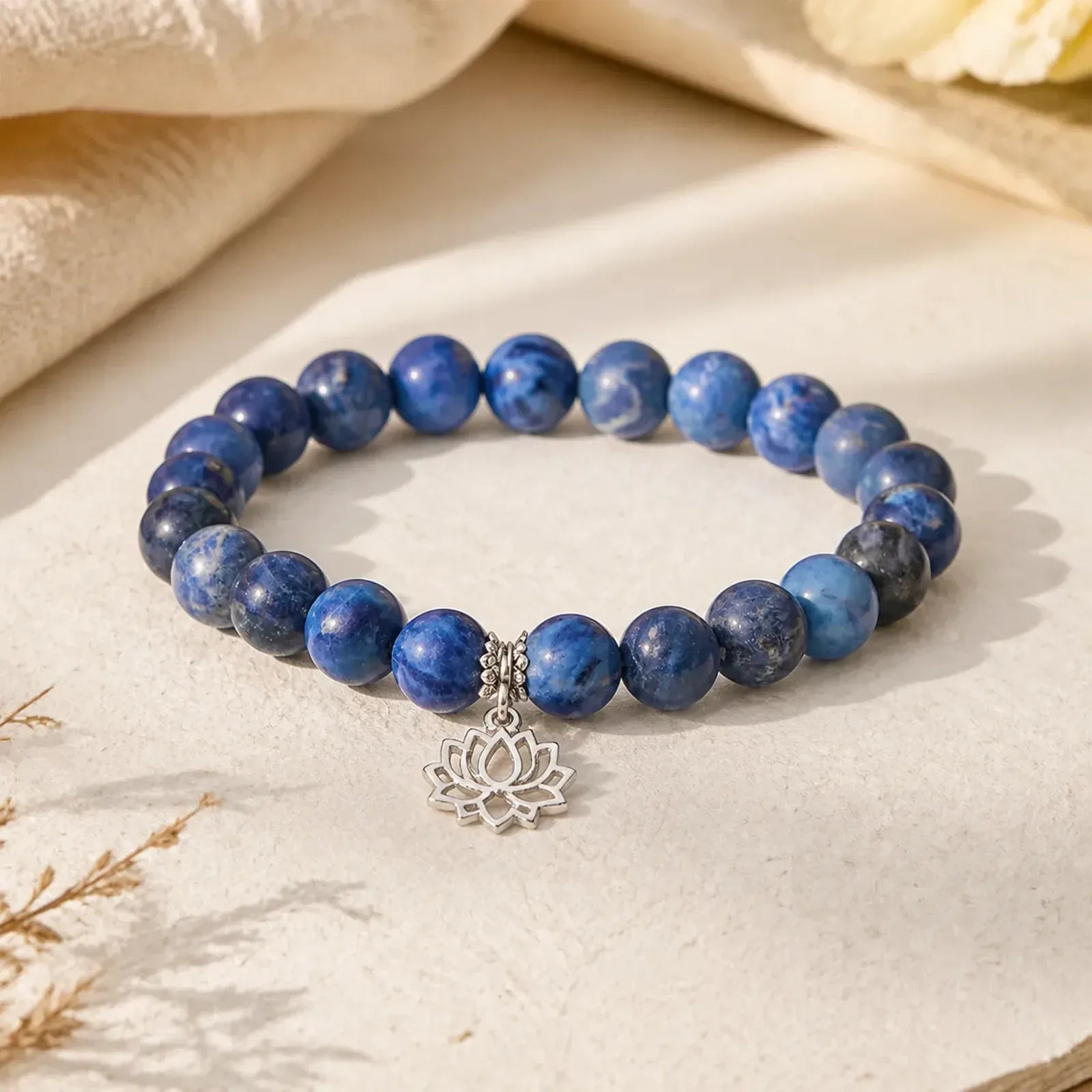925 Sterling Silver Lotus Design Natural Sodalite Positive Beads Harmony Bracelet featuring Silver, Lotus, Sodalite