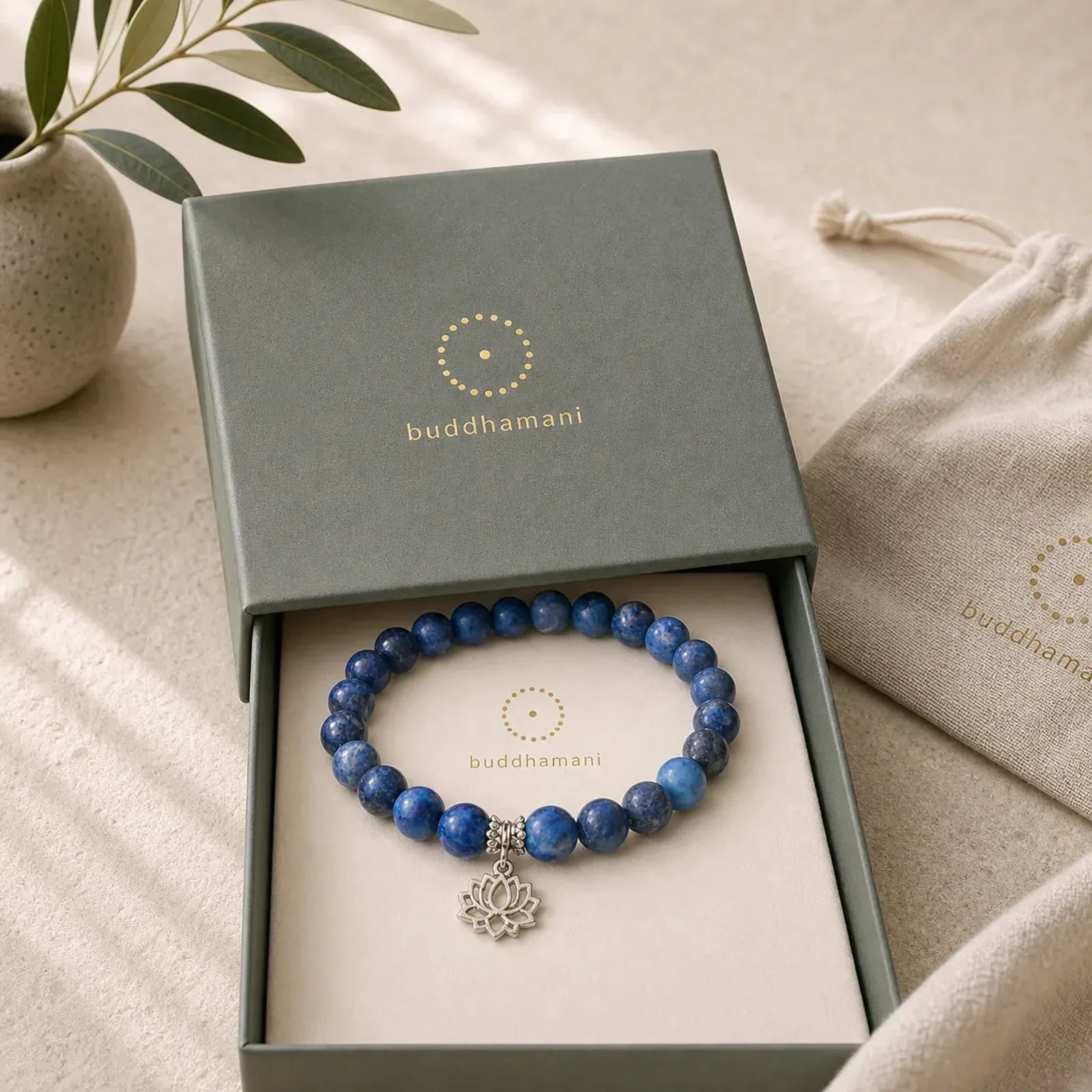 925 Sterling Silver Lotus Design Natural Sodalite Positive Beads Harmony Bracelet featuring Silver, Lotus, Sodalite