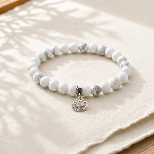 925 Sterling Silver Lotus Design Natural White Turquoise Wealth Bracelet featuring Silver, Lotus, White Turquoise