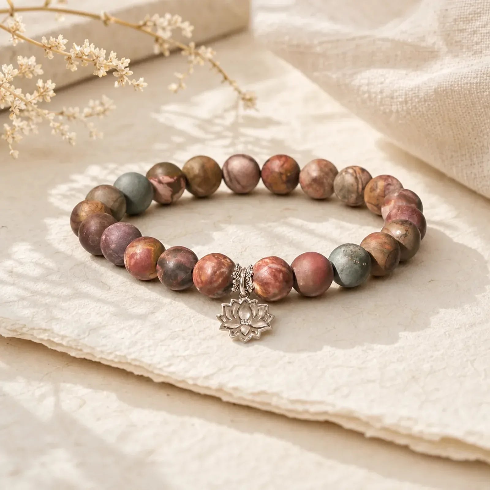 925 Sterling Silver Lotus Design Picasso Jasper Positive Bracelet featuring Silver, Lotus, Picasso Jasper