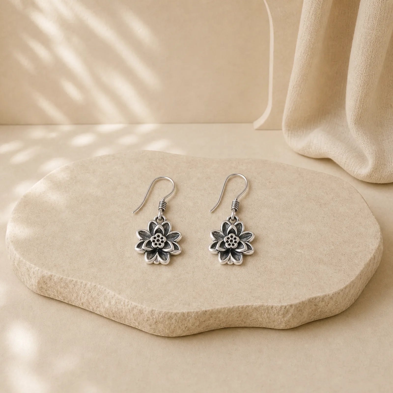925 Sterling Silver Lotus Flower Enlightenment Earrings featuring Silver, Lotus, Lotus Symbol