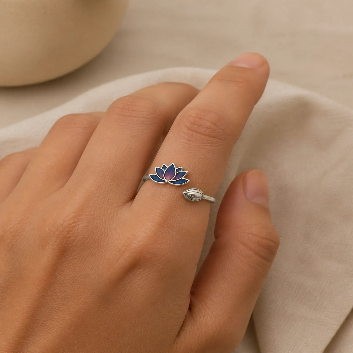 925 Sterling Silver Lotus Flower New Beginning Adjustable Ring featuring Silver, Lotus, Lotus Symbol