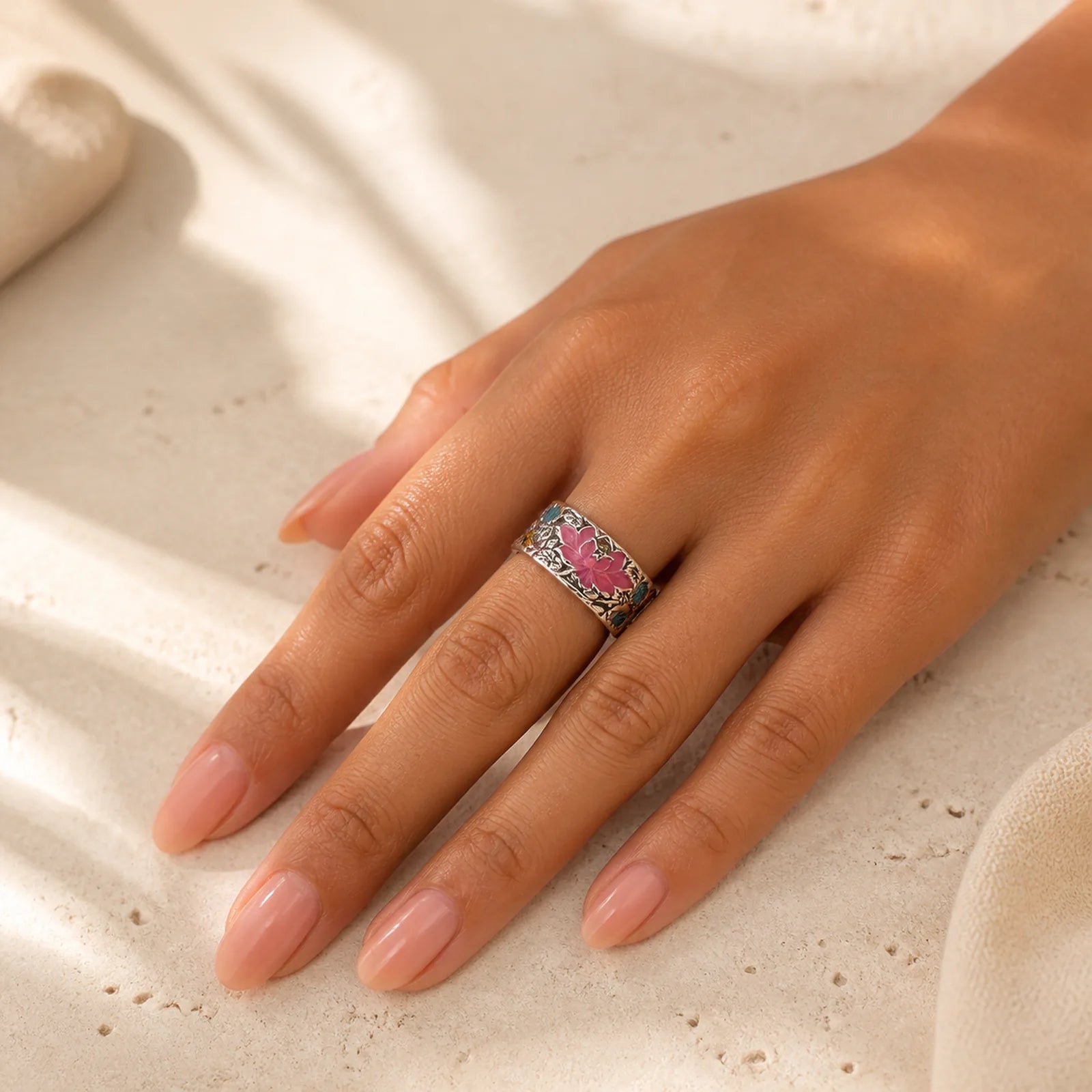 925 Sterling Silver Lotus Koi Fish Enlightenment Ring featuring Silver, Lotus, Koi Fish
