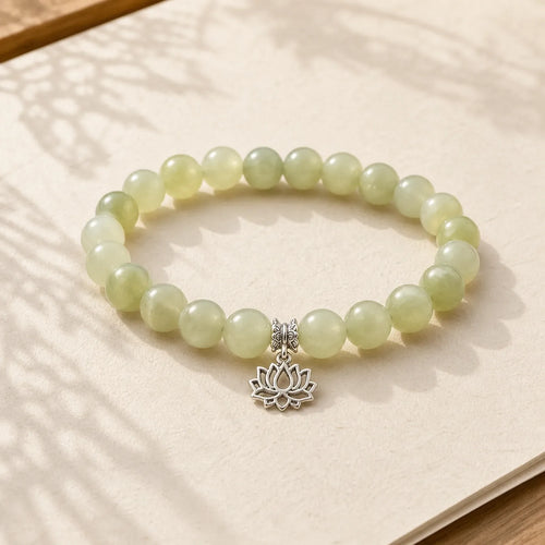 925 Sterling Silver Lotus Natural Cyan Jade Luck Bracelet featuring Silver, Lotus, Cyan Jade