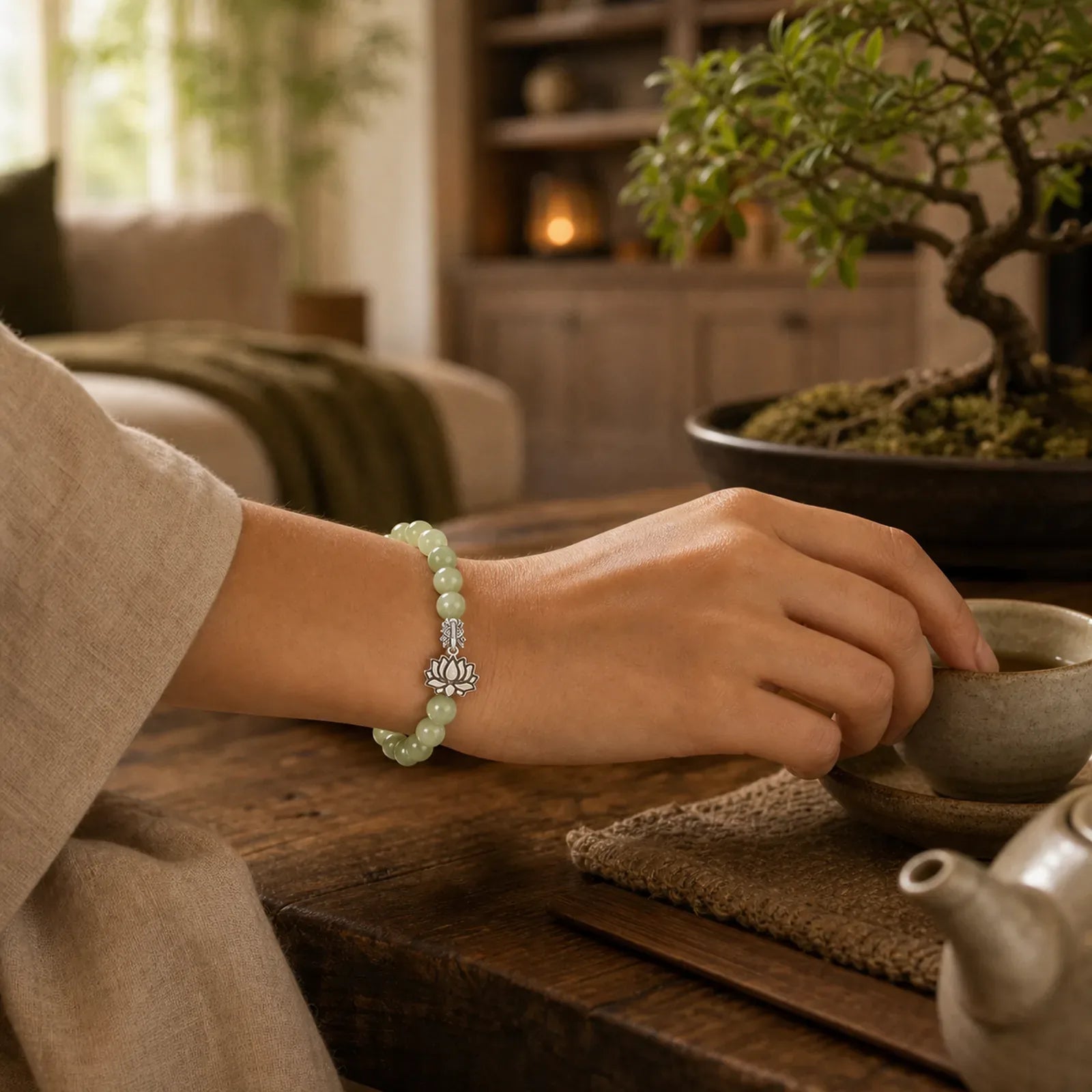 925 Sterling Silver Lotus Natural Cyan Jade Luck Bracelet featuring Silver, Lotus, Cyan Jade