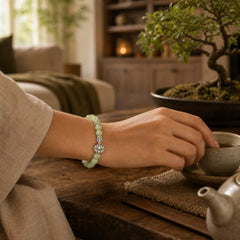 925 Sterling Silver Lotus Natural Cyan Jade Luck Bracelet featuring Silver, Lotus, Cyan Jade