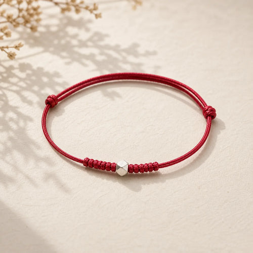 925 Sterling Silver Luck Bead Protection Red String Thin Cord Braided Bracelet featuring Silver, Red String