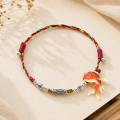 925 Sterling Silver Luck Koi Fish Braided Colorful String Bracelet Anklet featuring Silver, Koi Fish, Red String