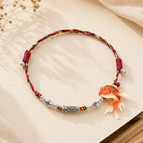 925 Sterling Silver Luck Koi Fish Braided Colorful String Bracelet Anklet featuring Silver, Koi Fish, Red String