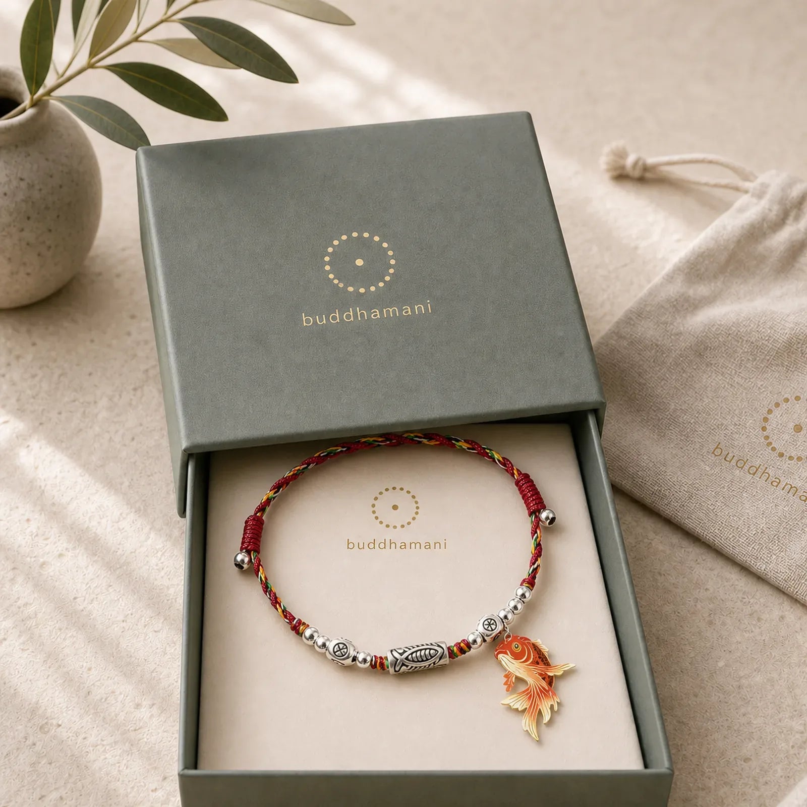 925 Sterling Silver Luck Koi Fish Braided Colorful String Bracelet Anklet featuring Silver, Koi Fish, Red String