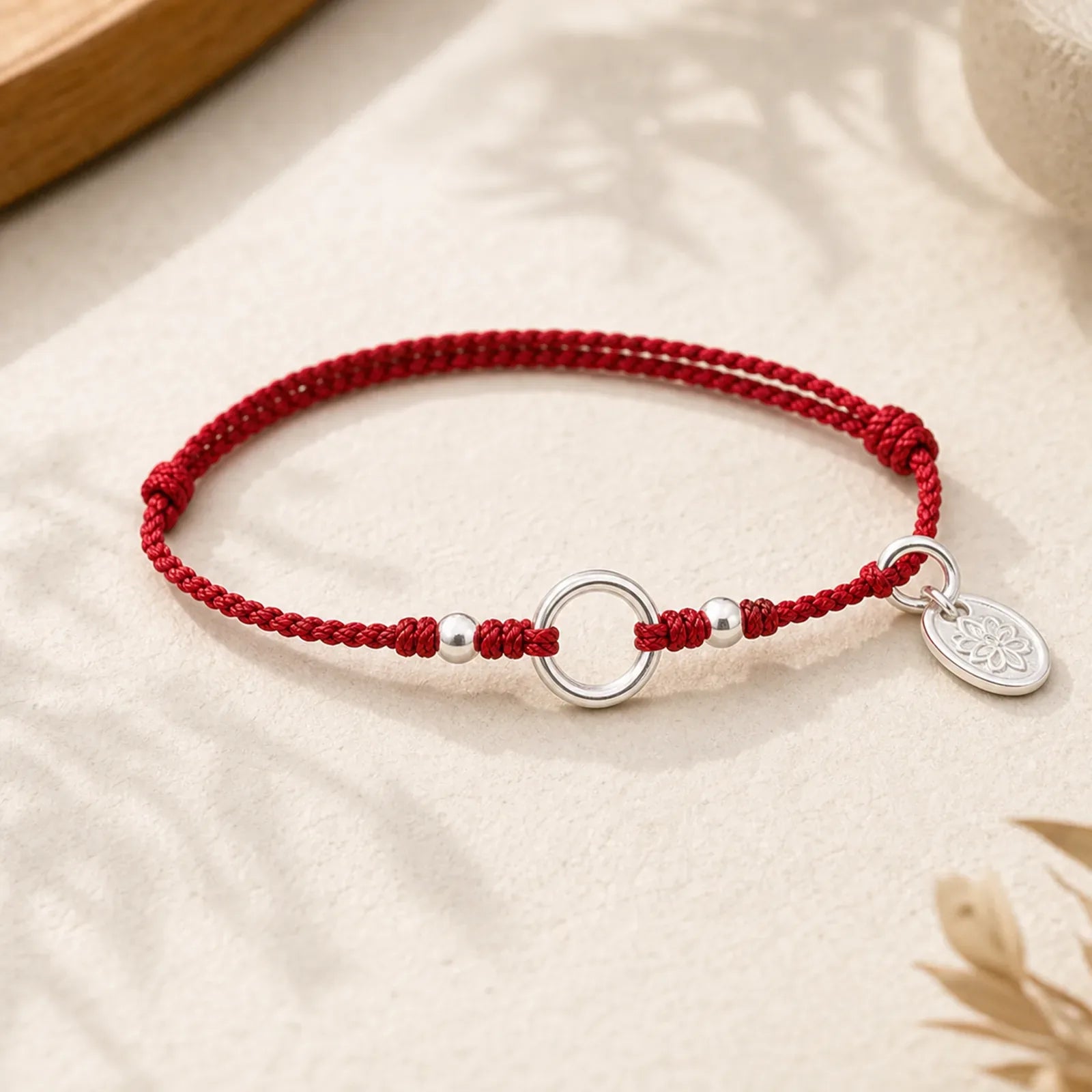 925 Sterling Silver Lucky Fortune Peace Joy Lotus Peace Buckle Red String Bracelet featuring Silver, Lotus, Peace Buckle