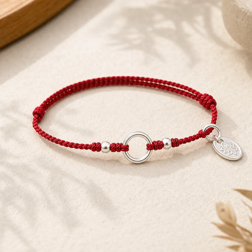 925 Sterling Silver Lucky Fortune Peace Joy Lotus Peace Buckle Red String Bracelet featuring Silver, Lotus, Peace Buckle