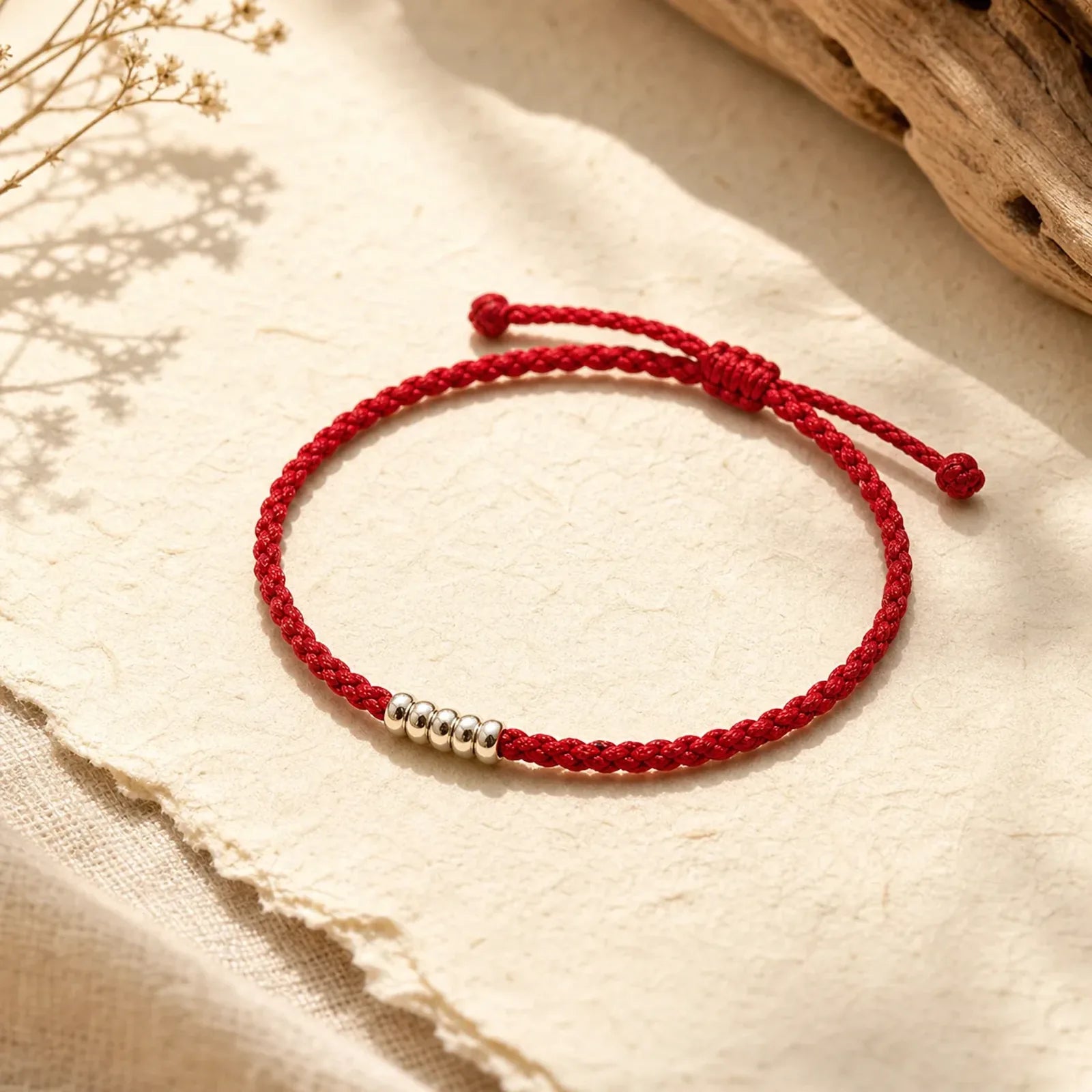925 Sterling Silver Lucky Golden Bead Braided String Bracelet Anklet featuring Silver, Red String