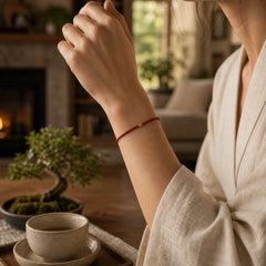 925 Sterling Silver Lucky Golden Bead Braided String Bracelet Anklet featuring Silver, Red String