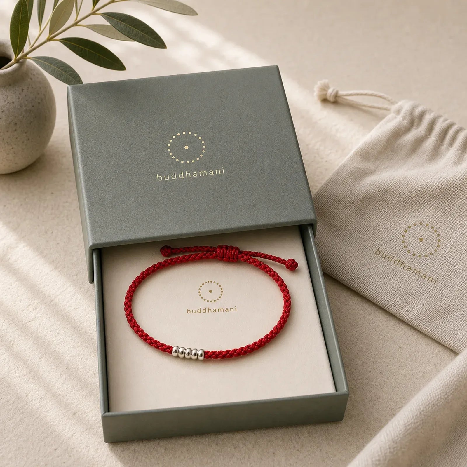 925 Sterling Silver Lucky Golden Bead Braided String Bracelet Anklet featuring Silver, Red String