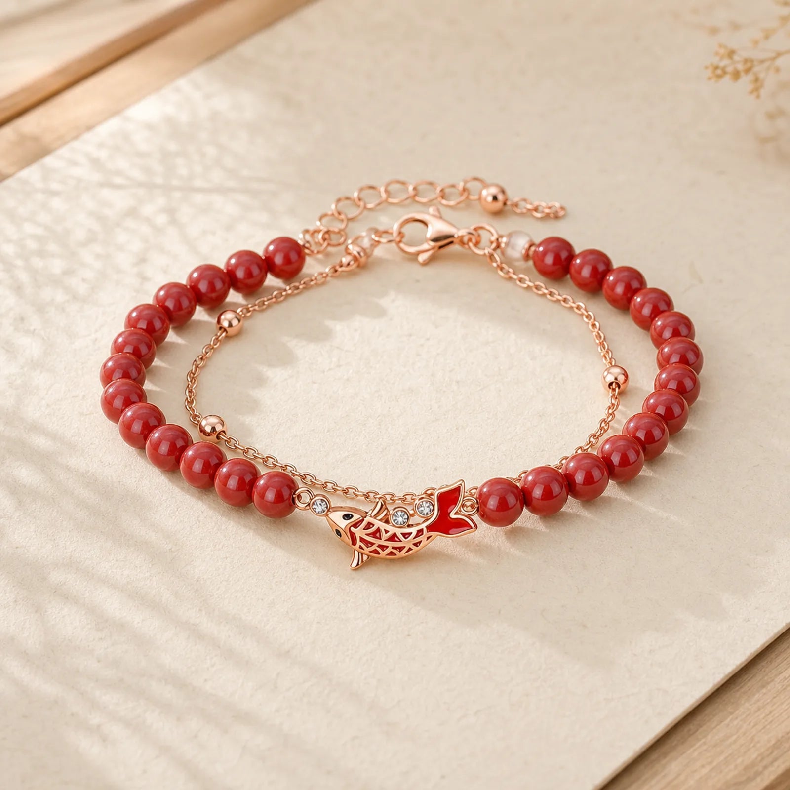 925 Sterling Silver Lucky Koi Fish Cinnabar Zircon Prosperity Double Layer Chain Bracelet featuring Silver, Koi Fish, Cinnabar