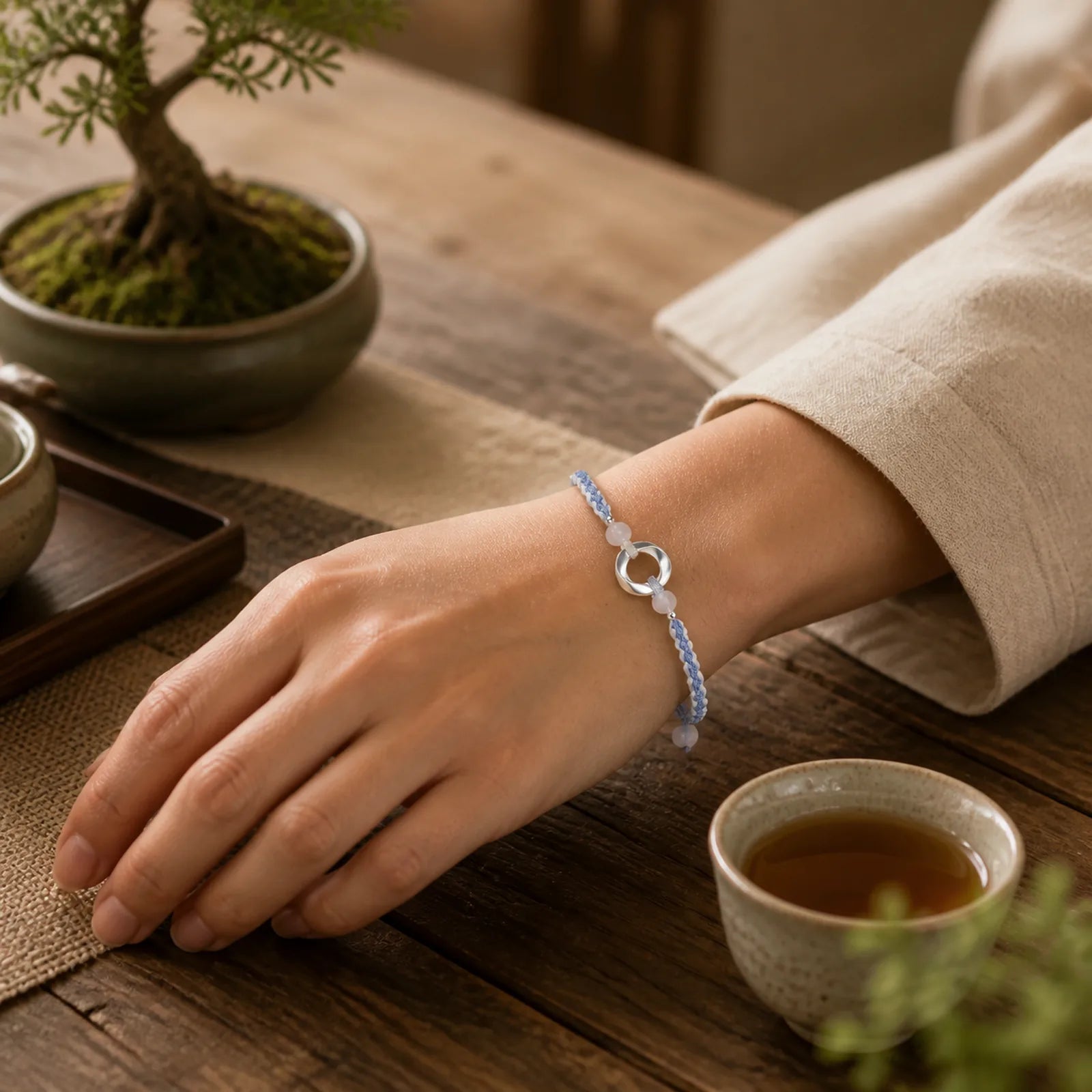 925 Sterling Silver Mobius White Agate Bead Braided String Protection Bracelet featuring Silver, White Agate