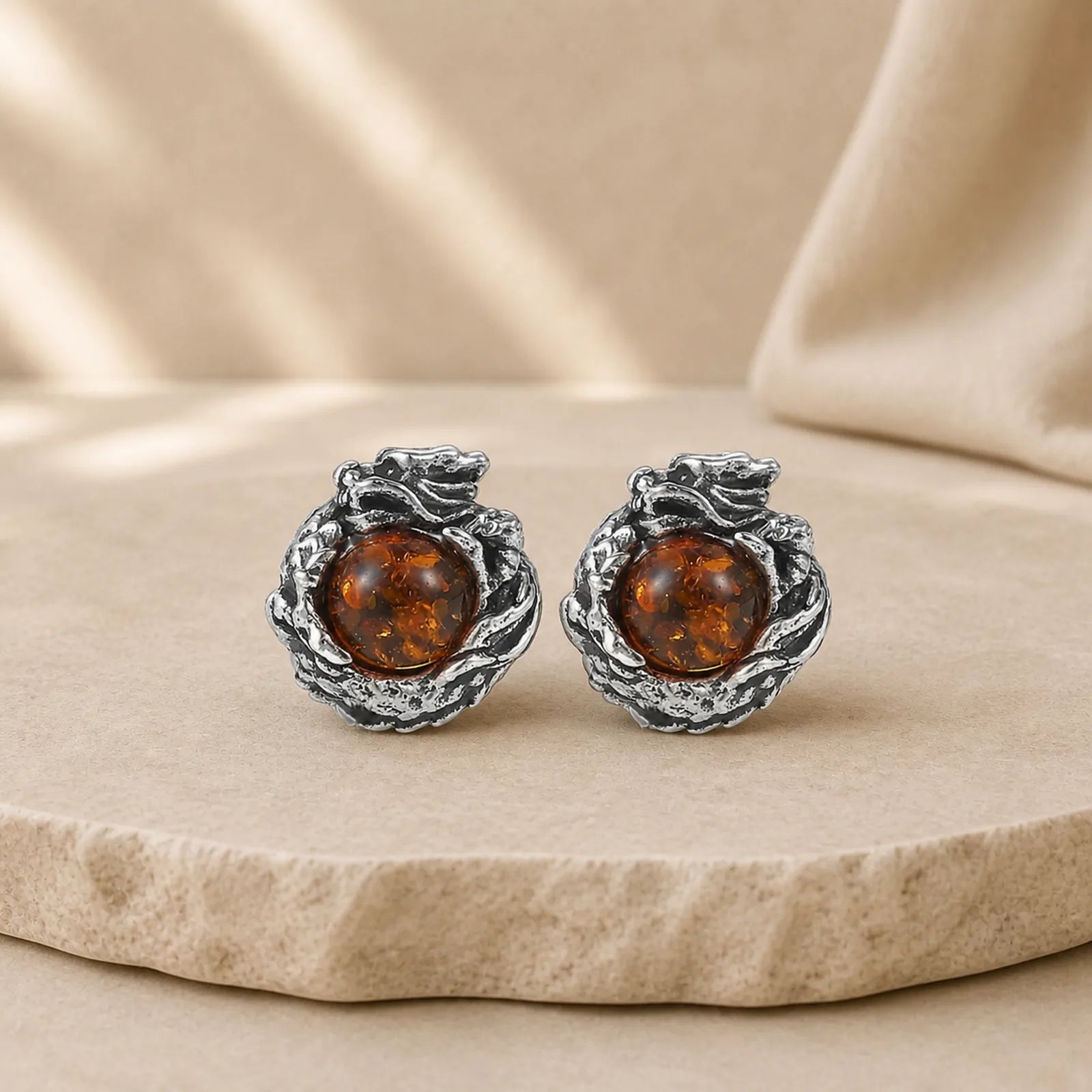 925 Sterling Silver Natural Amber Dragon Success Protection Stud Earring featuring Silver, Amber, Dragon