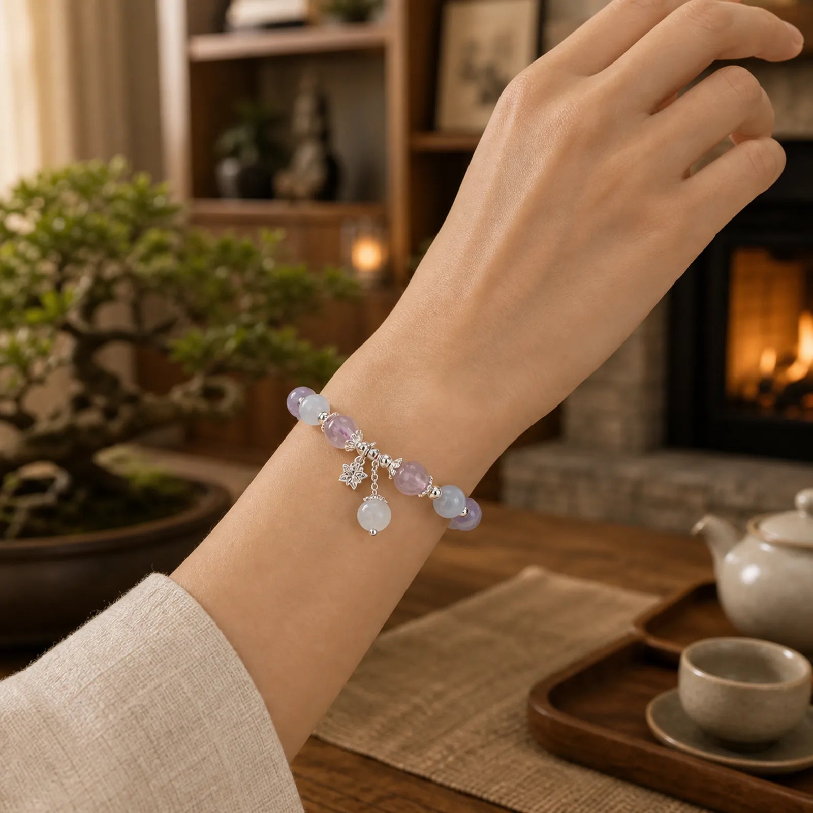 925 Sterling Silver Natural Amethyst Cat's Eye Spiritual Awareness Star Bracelet featuring Silver, Amethyst, Cat's Eye / Chrysoberyl